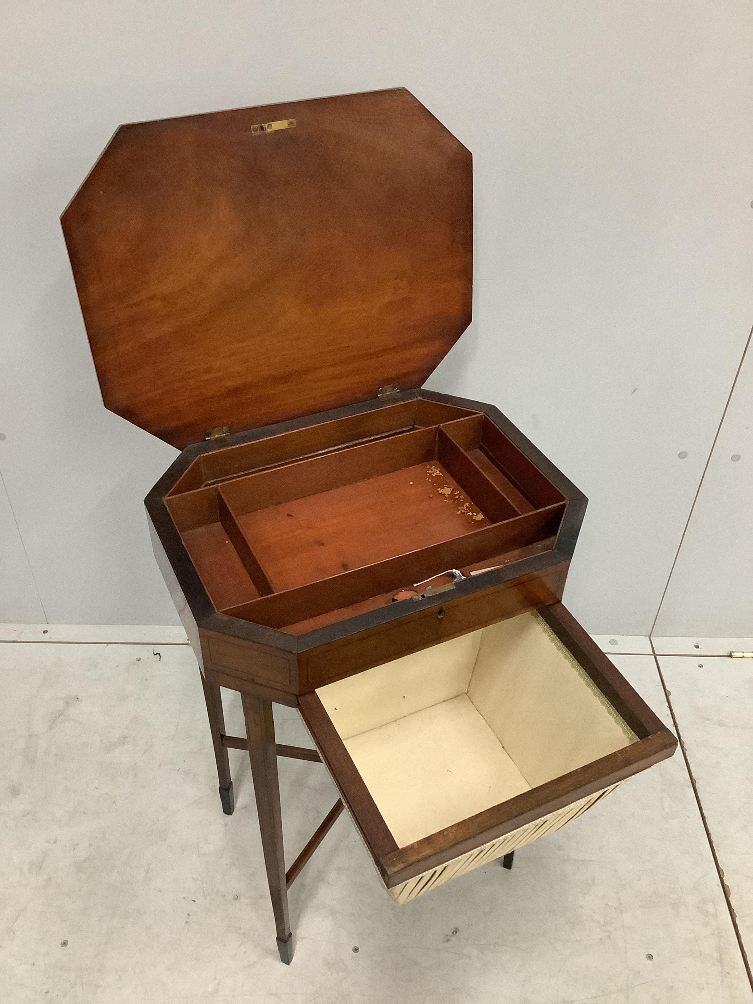 A George III octagonal satinwood work table, width 48cm, depth 37cm, height 74cm. Condition - good